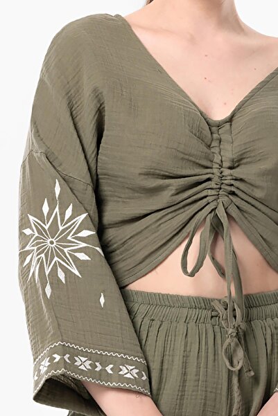 Eliş Şile Bezi Μακρυμάνικο Daylight Gather Λεπτομερής καλοκαιρινή μουσελίνα μπλούζα Khaki Hk