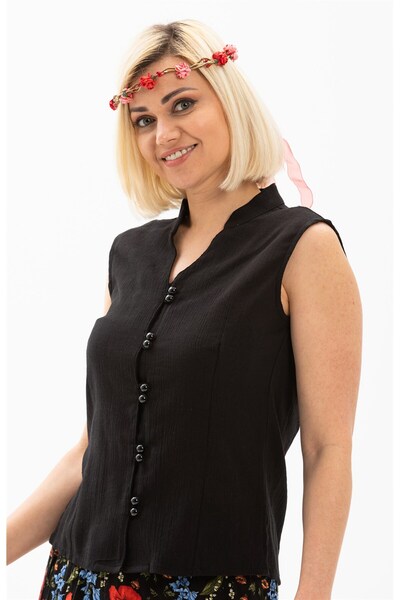 Eliş Şile Bezi Sleeveless Şile Bezi Arzu Summer Blouse Black Syh