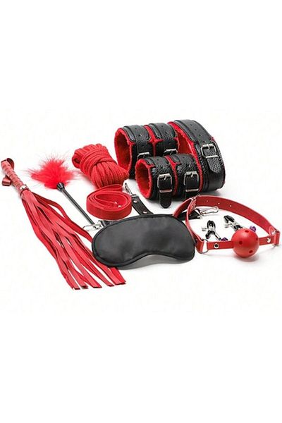 miraza Set 10 Jucarii Erotice Piele Ecologica, Bondage, Catuse, Calus Cu Bila, Zgarda, Bici, Pana , Rosu