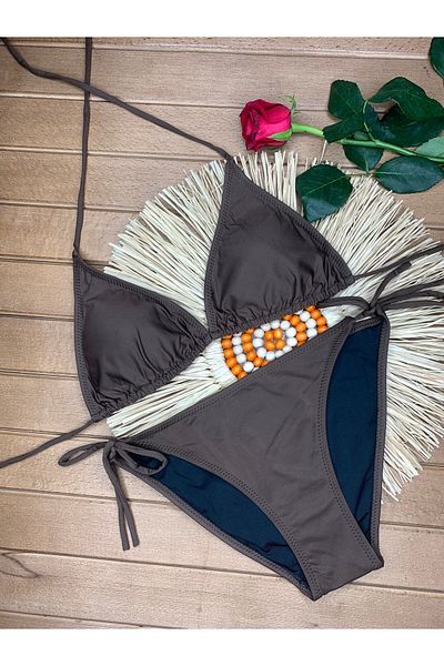 XORVİO Women's Lycra Flexible Side and Neck Tie Stylish Drawstring Triangle Brown Bikini Suit