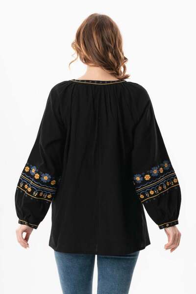 Eliş Şile Bezi Bluză cu mânecă lungă - Syh negru, pânză Şile brodata cu decolteu în V Rosewood