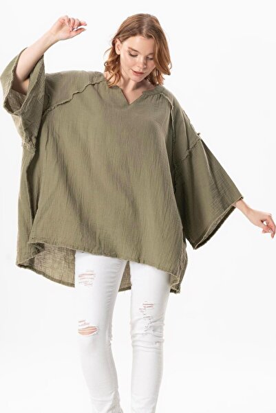 Eliş Şile Bezi Half Sleeve Nadya V-Neck Muslin Summer Blouse Khaki Hk
