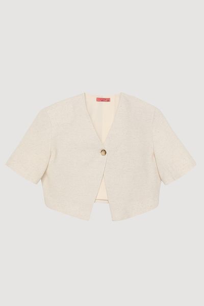 Quzu Single Button Short Sleeve Linen Jacket Natural