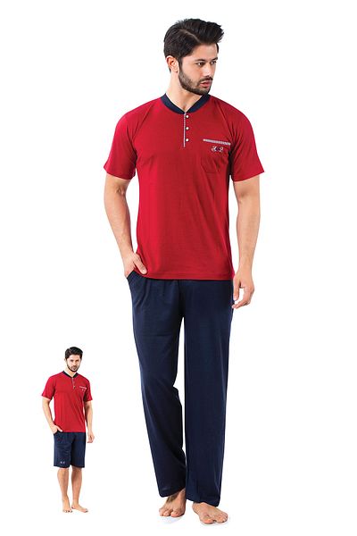 ALİMER Men's Pajama Set - Claret Red Arma 3-Piece Boxed Embroidered Lycra Short Sleeve Combed Cotton 1103