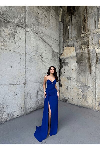 Mekafashion Fulya Straplez Yırtmaçlı Abiye 582467 SAKS MAVİSİ