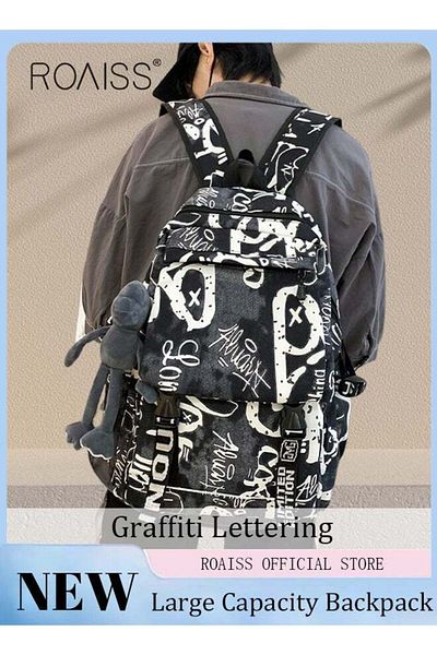 ROAISS Trendy Graffiti Style Backpack Large Capacity Durable Smooth Zipper Comfortable Fabric Adjustable Sh
