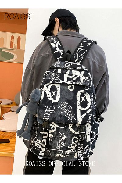 ROAISS Trendy Graffiti Style Backpack Large Capacity Durable Smooth Zipper Comfortable Fabric Adjustable Sh