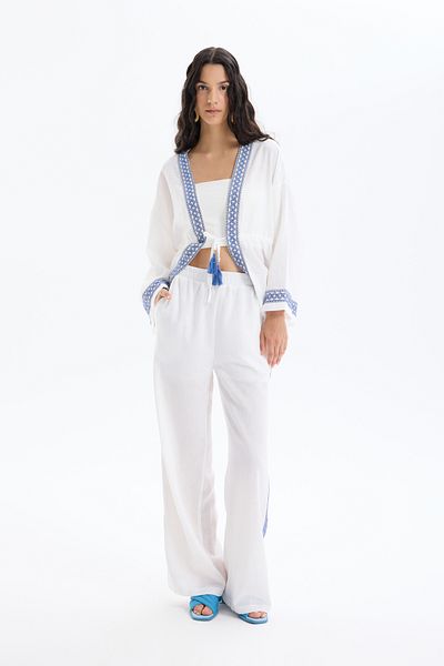 Quzu Strip Embroidered Elastic Waist Wide Leg Trousers Ecru