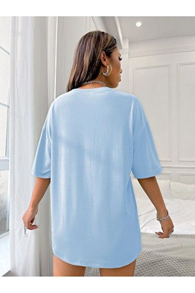 CLAYES Tricou dintr-un singur jerseu de pe coasta de vest din California - Tricou oversize cu guler rotund cu imprimeu albastru bebeluș