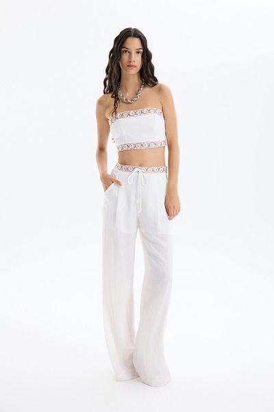 Quzu Tie Waist Embroidered Wide Leg Trousers Ecru