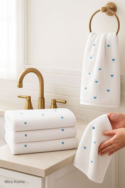 Mira Home Set of 4 Heart Embroidered Hand and Face Towels 100% Cotton 50X90 cm Hand of Love
