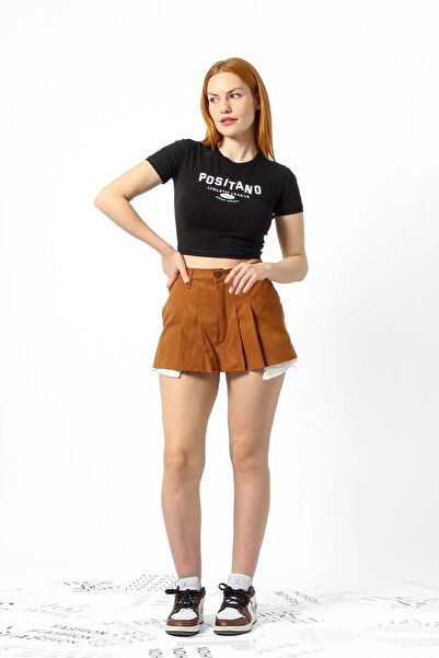 Bak Moda Dantel Cepli Pileli Kahverengi Şort Etek