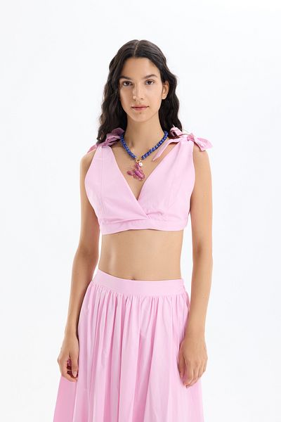 Quzu Lacing Detailed Double Breasted Bustier Blouse Pink