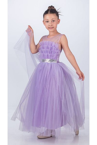 Mnk Baby&Kids Sapes Model Back Gipeli Tulle Girl's Strap Satin Evening Dress Mnk0618 Li̇la
