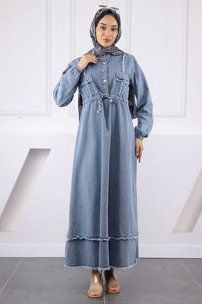İmajButik Τζιν φόρεμα με μπλε φούντα με δέσιμο στη μέση