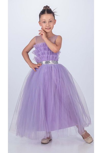 Mnk Baby&Kids Sapes Model Back Gipeli Tulle Girl's Strap Satin Evening Dress Mnk0618 Li̇la