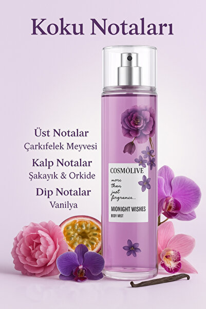 Cosmolive Vücut Spreyi Body Mist | Bombshell | Midnight Wishes | Kadın | Işıltılı | Nemlendirici | 250 ml