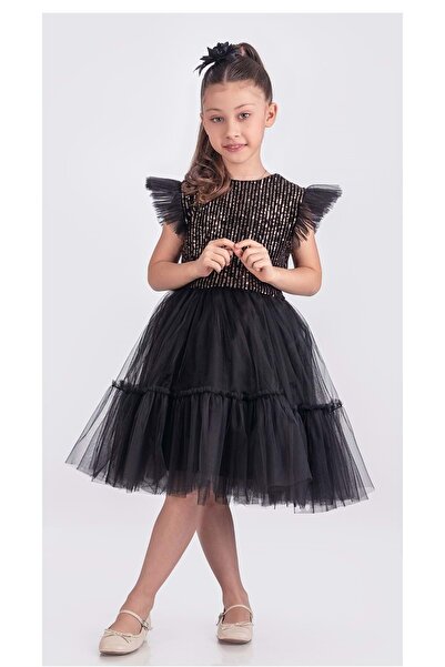 Mnk Baby&Kids Pul Payet Katkat Tütü Etekli Kız Çocuk Elbise M00722 SİYAH - SARI