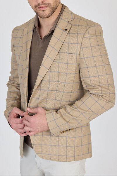 Frappoli Trieste Men's Beige Plaid Checked Spring-Summer Sports Blazer Jacket