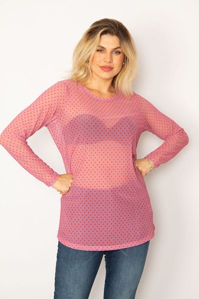 Şans Women's Large Size Pink Patterned Tulle Blouse 65n34253