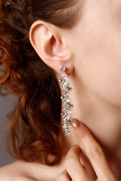 HUBANN Gümüş Kaplama Stylish Taşlı Su Yolu Küpe Kristal Küpe Taşlı Küpe