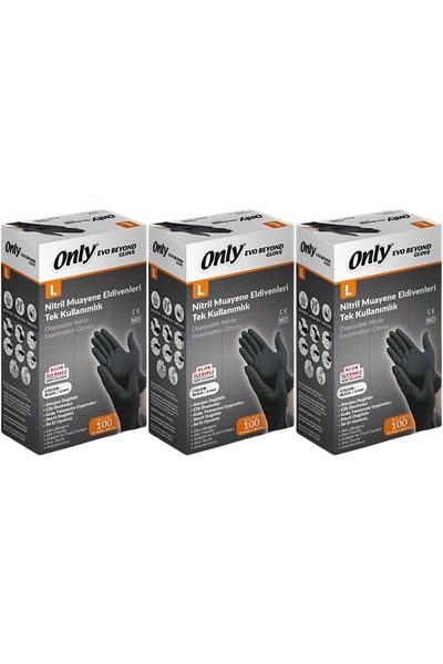 ONLY قفازات الفحص Evo Beyond Glove نيتريل سوداء خالية من البودرة، مجموعة من 300 قطعة L - كبير - كبير (3PK*100)