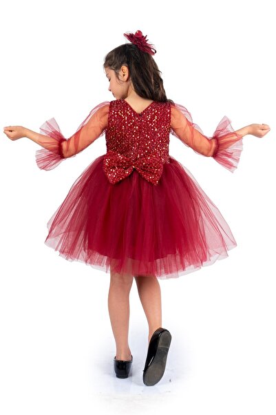 Mnk Sequin Tulle Girls' Dress Mnk0285 Bordo