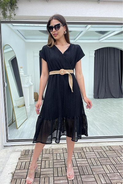 Neşeli Butik Rochie de vară cu centură cu guler dublu pentru damă Dk0001