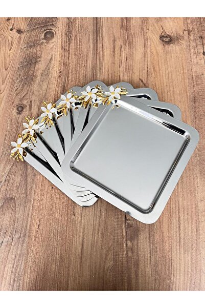 Maglor 6 Pieces Enamel Daisy Accessories Square Silver Tray Coffee Presentation Tray