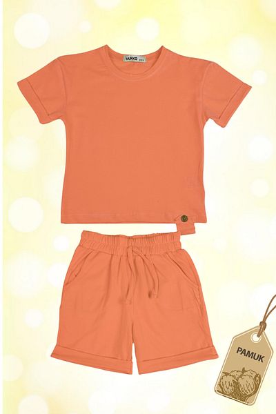 Difa Button Detailed Summer Girl/Boy Unisex Orange Bottom Top Set