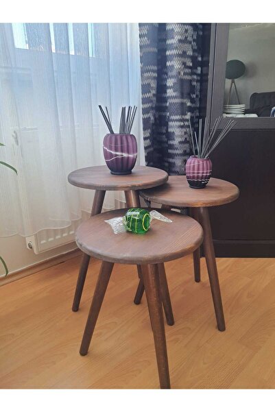 Ekübya Home Koyu Ceviz Yuvarlak Üçlü Zigon Sehpa Takımı (3'lü)