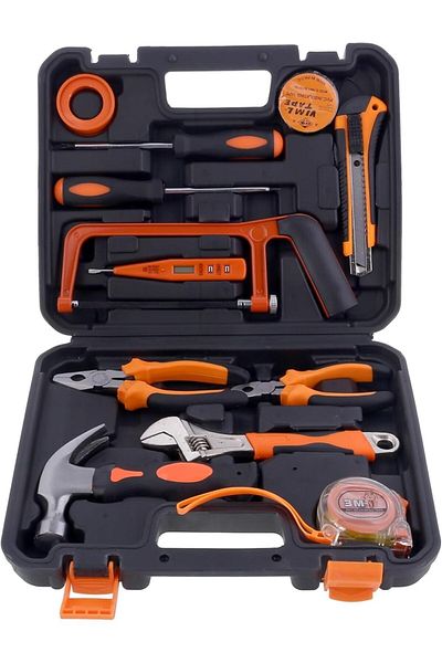 Lawazim Heavy Duty Tool Set 12 Piece With Bag Black/Orange/Silver | General Household Hand Tool Kit,
