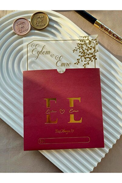 emindijital Bordo Zarflı Şeffaf Nikah, Nişan, Kına, Düğün Davetiyesi - 50 Adet