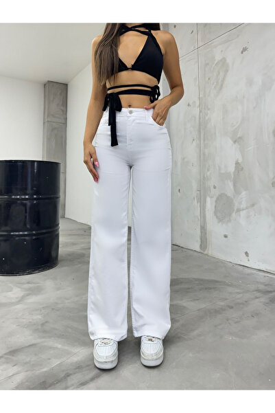 WODDİ Blugi Palazzo albi pentru femei Aisha material elastic Super talie înaltă Pantaloni largi din denim