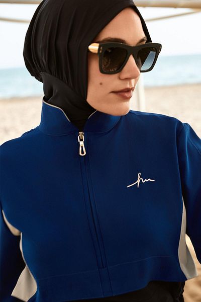 Haşema Saks Blue 5 Piece Full Hijab Swimsuit Set with Gilet 5063