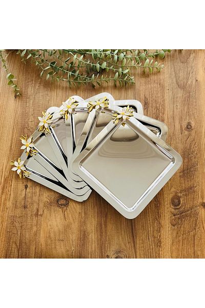 Maglor 6 Pieces Enamel Daisy Accessories Square Silver Tray Coffee Presentation Tray