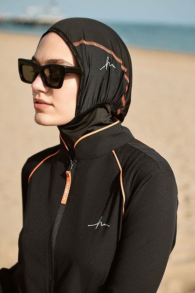 Haşema Performance Series Orange Piping Black 5 Piece Full Hijab Swimsuit Set 2019