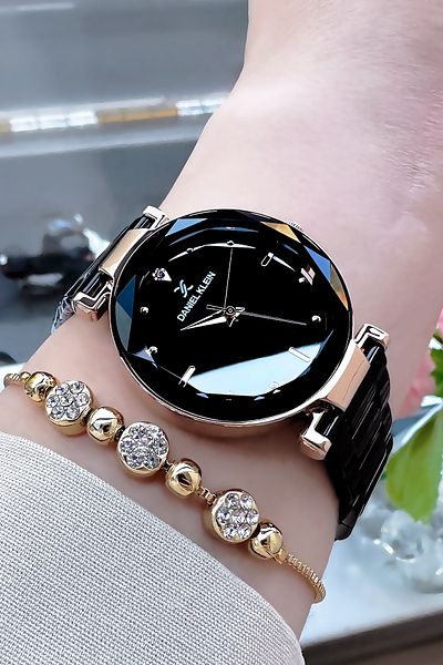 Daniel Klein Women's Wristwatch 3 Atm Waterproof Black Steel Cord + Bracelet Gift