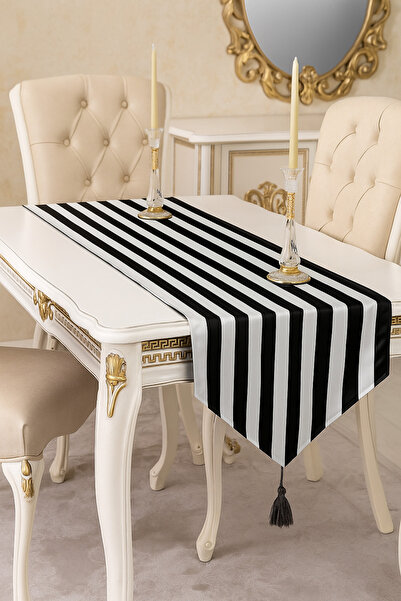 Benlisso Home Siyah Beyaz Çizgili Püsküllü Runner 45x140 Leke Tutmaz