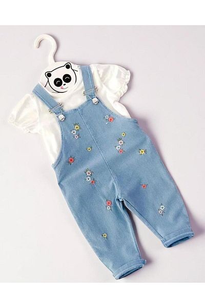 ALTINTAŞ BABY Colorful Floral Embroidered Denim Look Knitted Fabric Summer T-Shirt Set of 2 Salopet