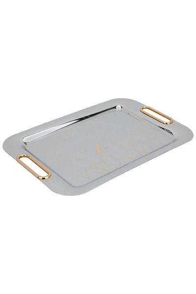 Alsaif Gallery Serving Tray Steel, Al Seif Gallery, 45×30×2 cm, Floral, Golden Handle - Silver