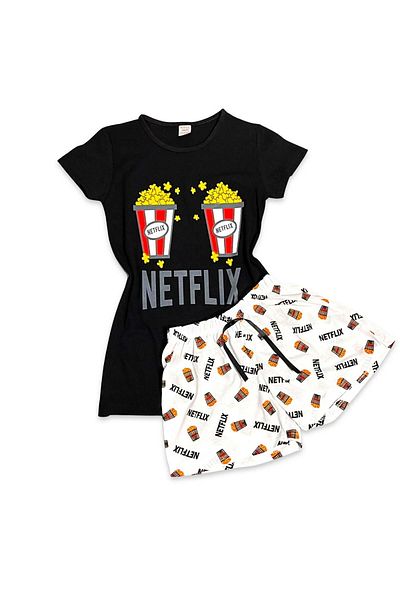 Intisimo Pijamale pentru femei, tricou scurt, Netflix, 100% bumbac, negru/alb - XL