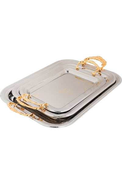 Alsaif Gallery Serving Tray Set Steel, Al Seif Gallery, 51×37×2.7 / 44×32×2.7 / 36×26×2.7 cm, Golden Handle