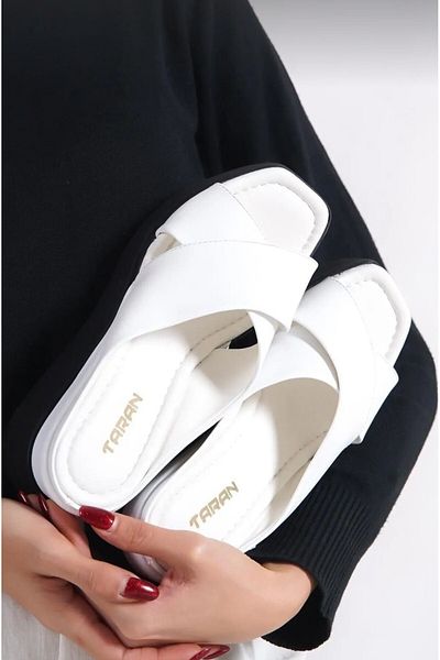 GDT Ayakkabı White Color Comfortable Wedge Heel Cross Strap Women's Slippers