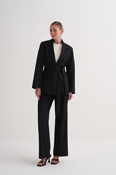 Zesyna Siyah Oversize Cepli Kemerli Astarlı Blazer Ceket