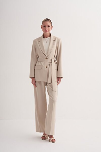 Zesyna Bej Oversize Cepli Kemerli Astarlı Blazer Ceket