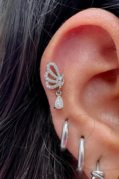 Arescollection 1 adet zirkon taşlı damla sallantılı sağ kulak uyumlu tragus kıkırdak helix lobe piercing küpe