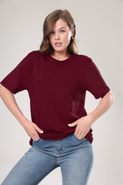 Tight Lady Γυναικείο μπλουζάκι Boyfriend Oversize - 100% βαμβάκι, Claret Red Crew Neck