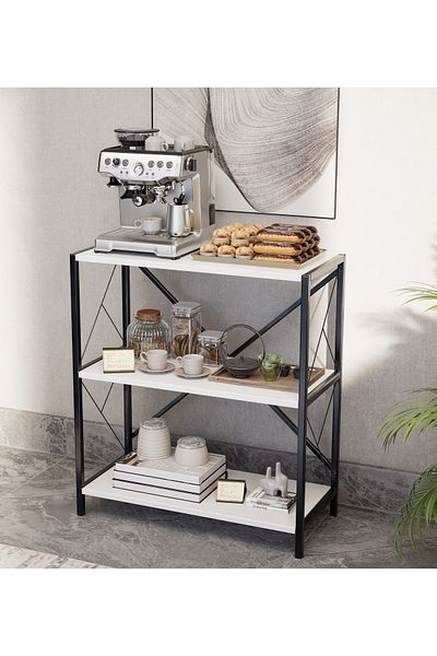 Golden Bark Coffee Corner Table, Side Table, 3-Shelf Bookcase Wood Storage and Organization - White/Black