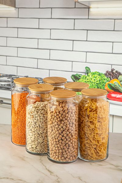 Perotti Bamboo Vacuum Glass Jar with Lid 1300 ml 6 Pieces